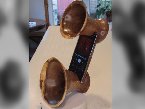 Phone Amplifier Stand Bundle for Stereo Sound - (MEGA + Regular size) - Horn version - Estimated shipping 4-6 weeks - Black Walnut by Pretty Good Woodturner Hand Crafted Passive Amplification Phone Speaker Stand - Hand Made in USA Phone Amplifier Stand Bundle for Stereo Sound - (MEGA + Regular size) - Horn version - Estimated shipping 4-6 weeks - Black Walnut by Pretty Good Woodturner Hand Crafted Passive Amplification Phone Speaker Stand - Hand Made in USA
