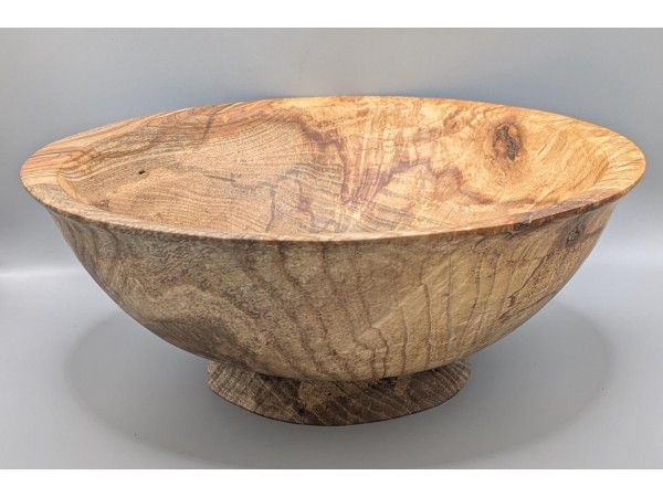 Spalted food safe ash bowl with natural coloration and detailing with pedestal base